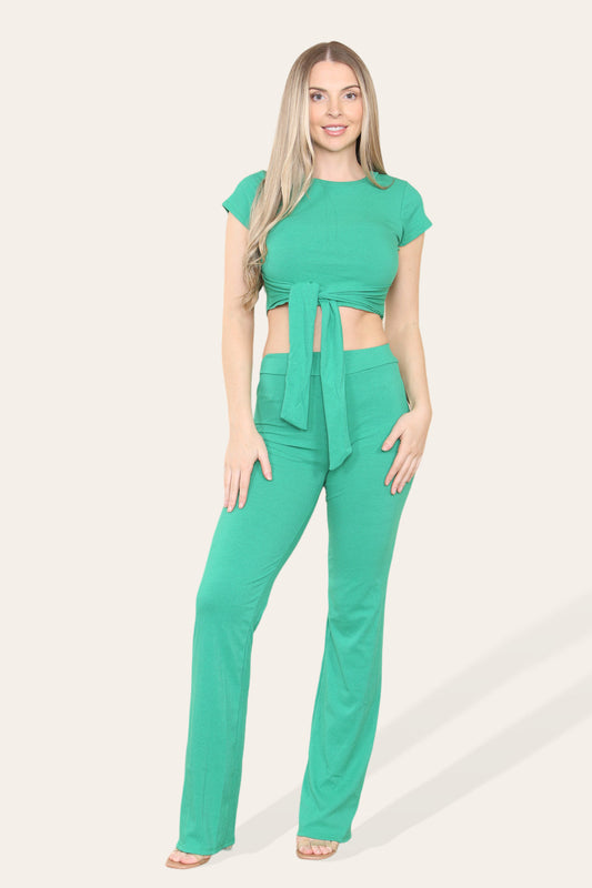 Women's Cropped Loungewear Set Tie Belt Front With Ribbed Trousers