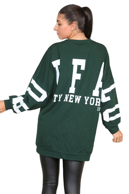 Women's Oversized Jumper Dress with Buffalo Slogan Print - Trendy Buffalo Slogan Oversized Jumper Dress for Comfortable Fashion