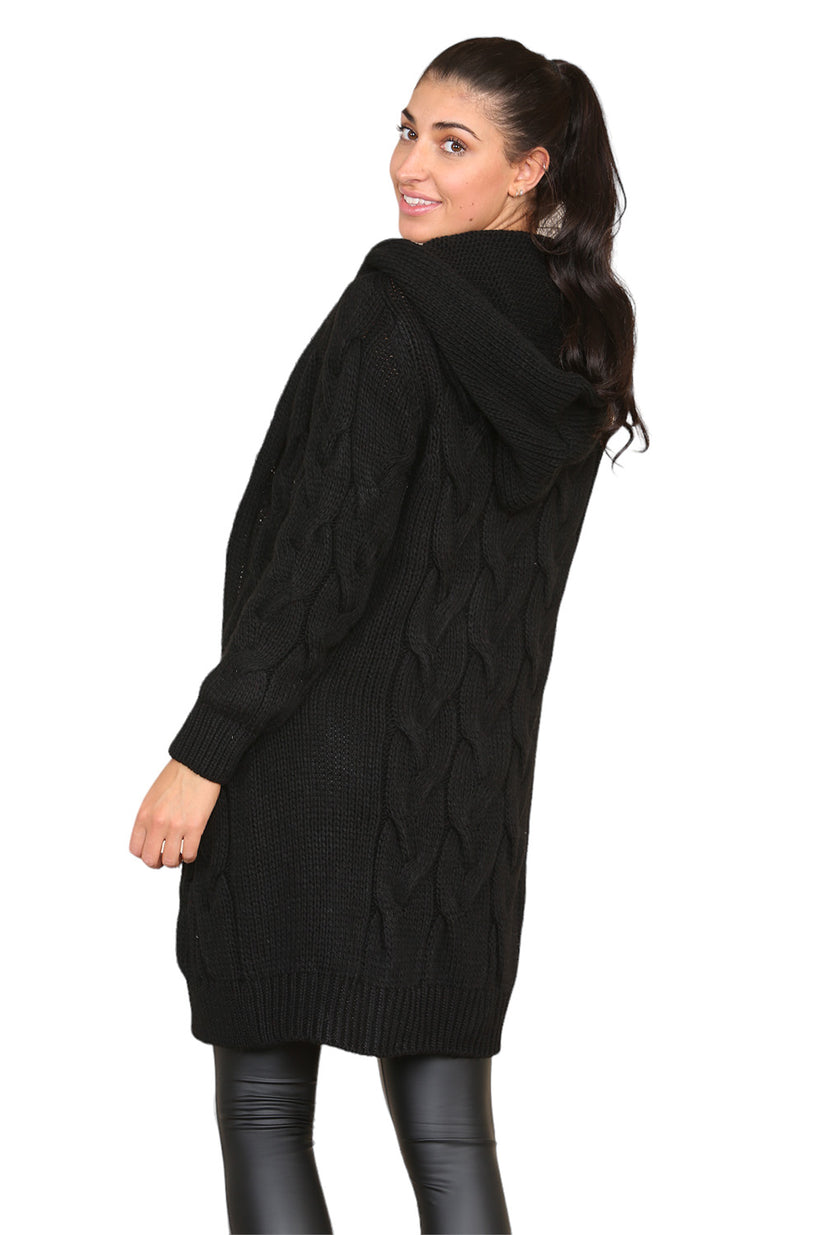 Women's Knitted Oversized Cardigan with Hood and Cable Knit Design
