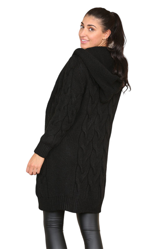 Women's Knitted Oversized Cardigan with Hood and Cable Knit Design