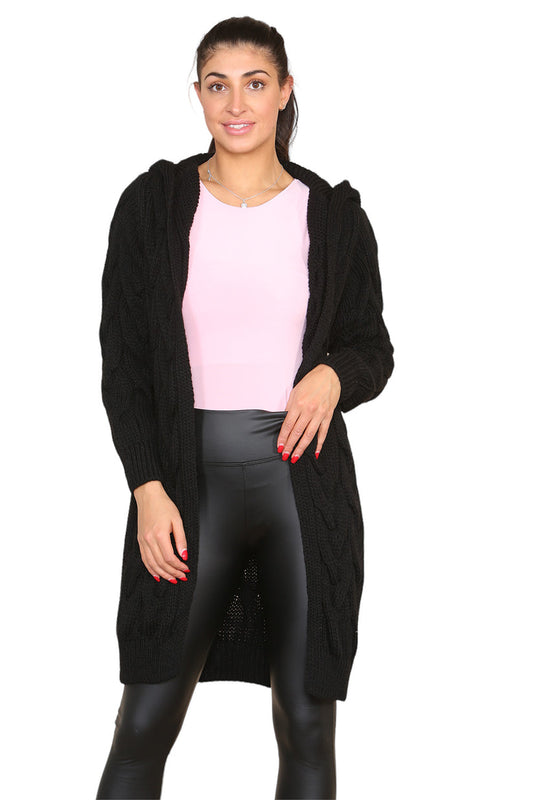 Women's Knitted Oversized Cardigan with Hood and Cable Knit Design