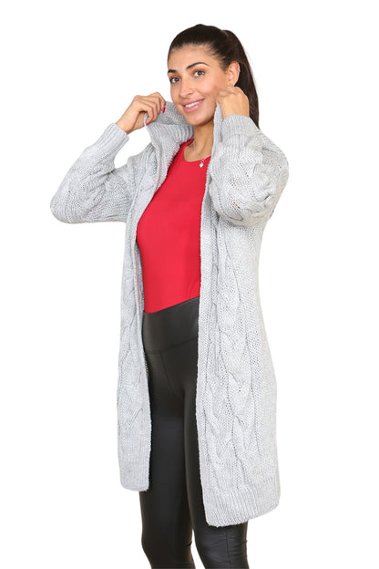 Women's Knitted Oversized Cardigan with Hood and Cable Knit Design