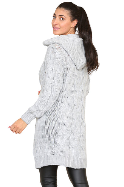 Women's Knitted Oversized Cardigan with Hood and Cable Knit Design