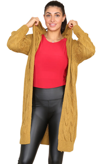 Women's Knitted Oversized Cardigan with Hood and Cable Knit Design