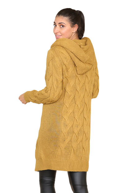 Women's Knitted Oversized Cardigan with Hood and Cable Knit Design