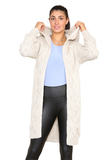 Women's Knitted Oversized Cardigan with Hood and Cable Knit Design