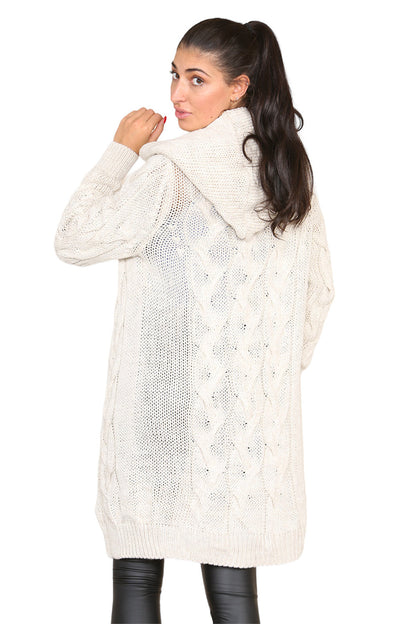 Women's Knitted Oversized Cardigan with Hood and Cable Knit Design