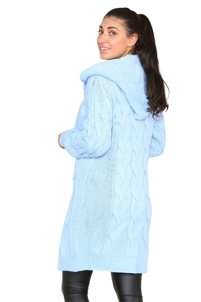 Women's Knitted Oversized Cardigan with Hood and Cable Knit Design