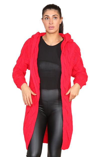 Women's Knitted Oversized Cardigan with Hood and Cable Knit Design