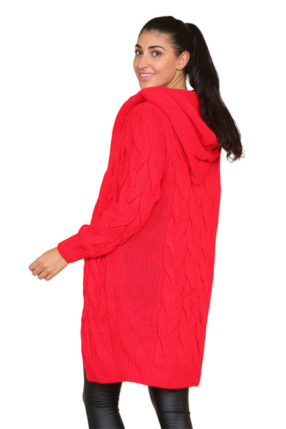 Women's Knitted Oversized Cardigan with Hood and Cable Knit Design