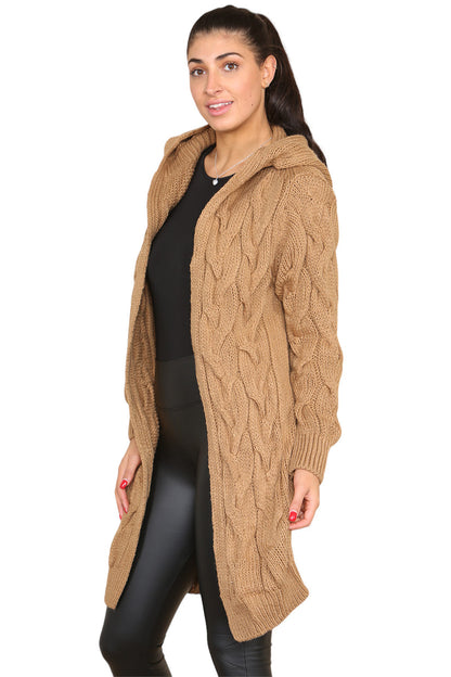 Women's Knitted Oversized Cardigan with Hood and Cable Knit Design