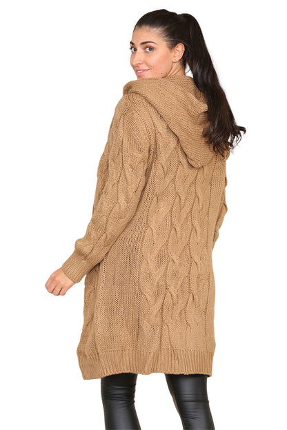 Women's Knitted Oversized Cardigan with Hood and Cable Knit Design