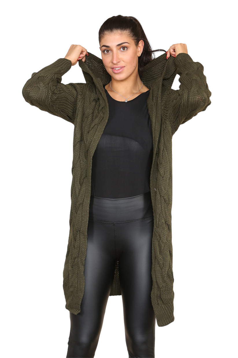 Women's Knitted Oversized Cardigan with Hood and Cable Knit Design