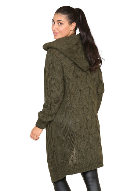 Women's Knitted Oversized Cardigan with Hood and Cable Knit Design