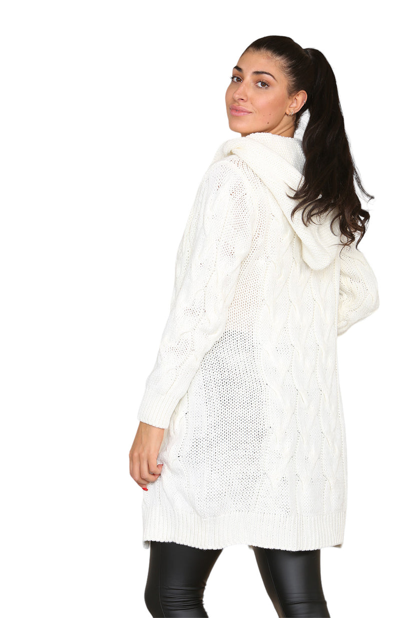 Women's Knitted Oversized Cardigan with Hood and Cable Knit Design
