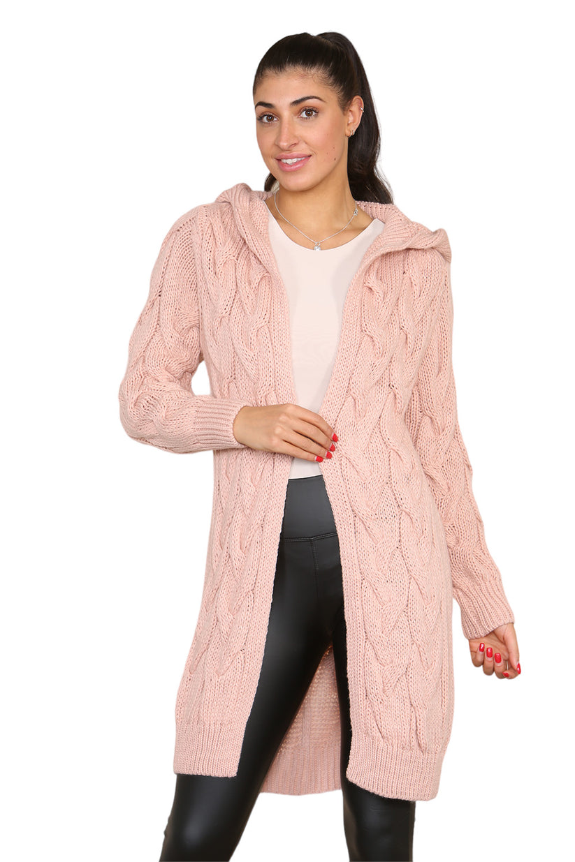 Women's Knitted Oversized Cardigan with Hood and Cable Knit Design
