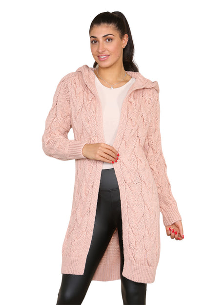Women's Knitted Oversized Cardigan with Hood and Cable Knit Design