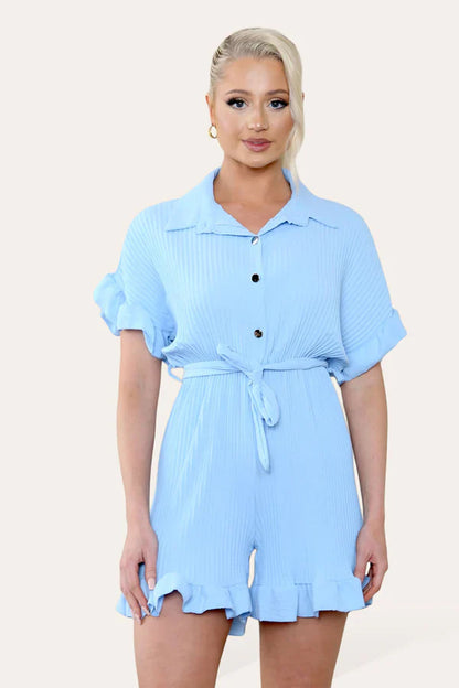 Pleated Ruffle Playsuit with Frill Hems - Short Playsuit for Chic Style
