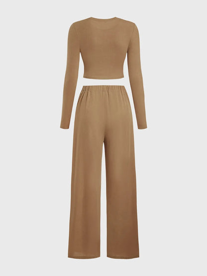Women's Set Round Neck Long Sleeve Top and Tied Pants Set