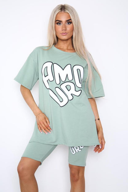 Women's Cycling Short and T-Shirt Set -Two Piece with Side Slit and Front Printed Slogan