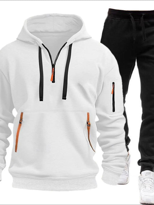 Men's Full Size Drawstring Half Zip Hoodie and Pants Set Plus Size