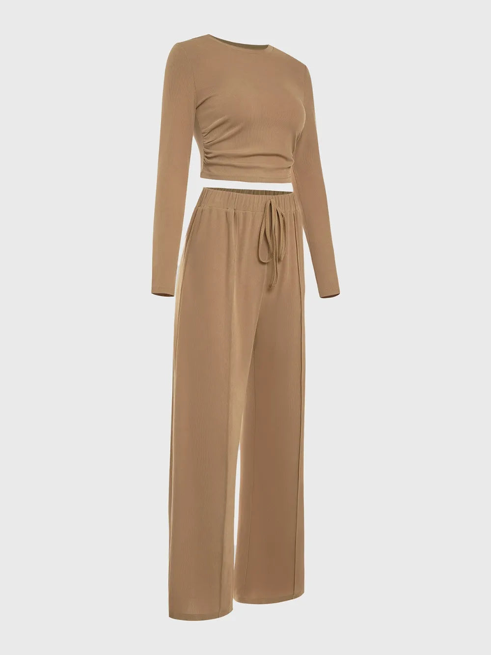 Women's Set Round Neck Long Sleeve Top and Tied Pants Set