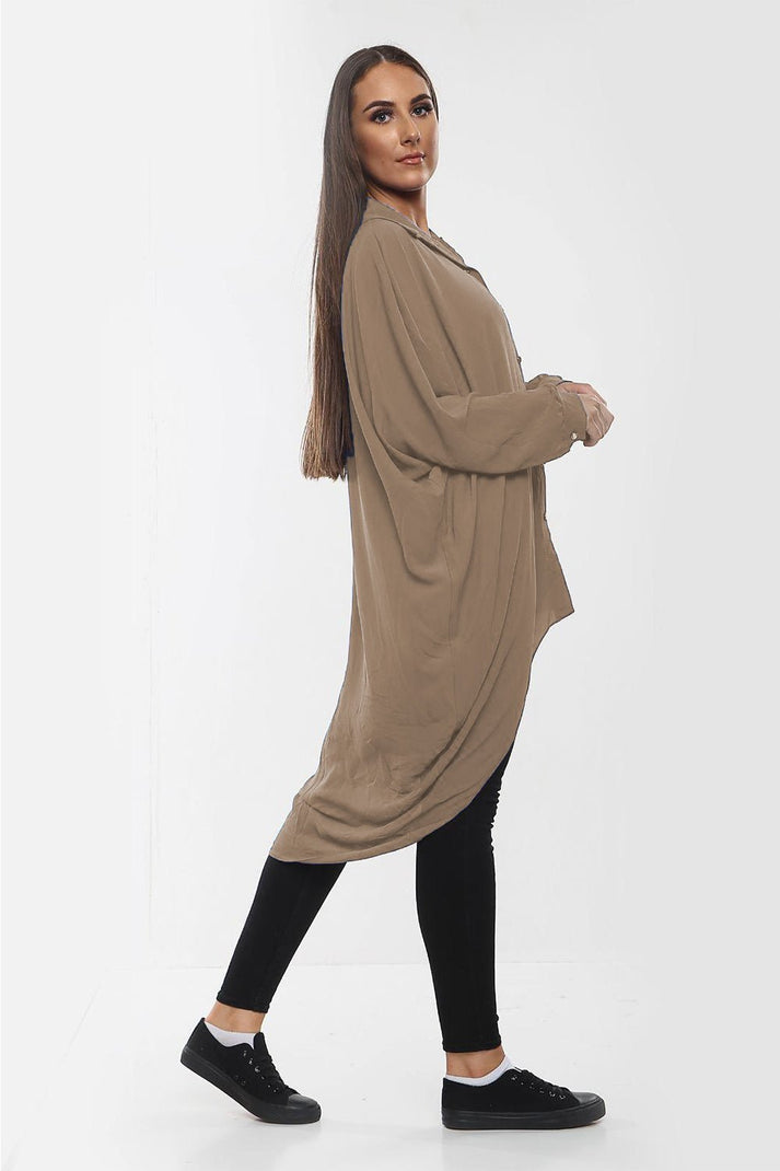 Women's Shirt Dress High-Low Oversized Shirt Dress with Long Sleeves and Hem Detail