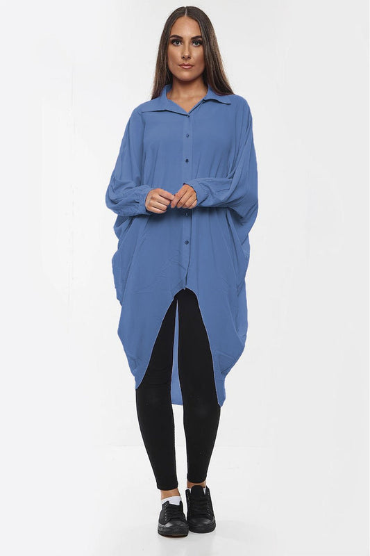 Women's Shirt Dress High-Low Oversized Shirt Dress with Long Sleeves and Hem Detail