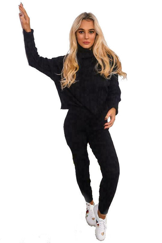Ladies Knitted Loungewear Set - Chunky Ribbed Polo High Neck Top and Leggings Suit