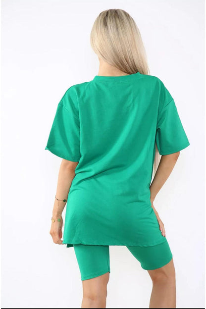 Women's Cycling Short and T-Shirt Set -Two Piece with Side Slit and Front Printed Slogan