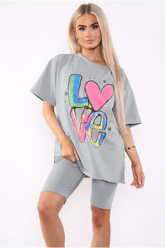 Women's Cycling Short and T-Shirt Set -Two Piece with Side Slit and Front Printed Slogan
