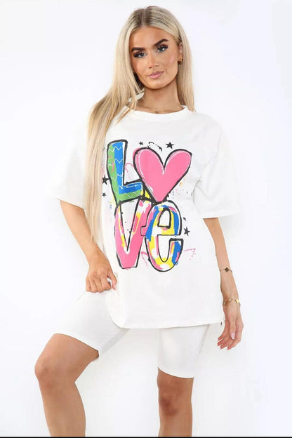 Women's Cycling Short and T-Shirt Set -Two Piece with Side Slit and Front Printed Slogan