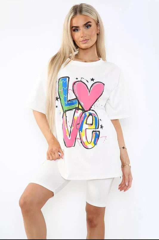 Women's Cycling Short and T-Shirt Set -Two Piece with Side Slit and Front Printed Slogan
