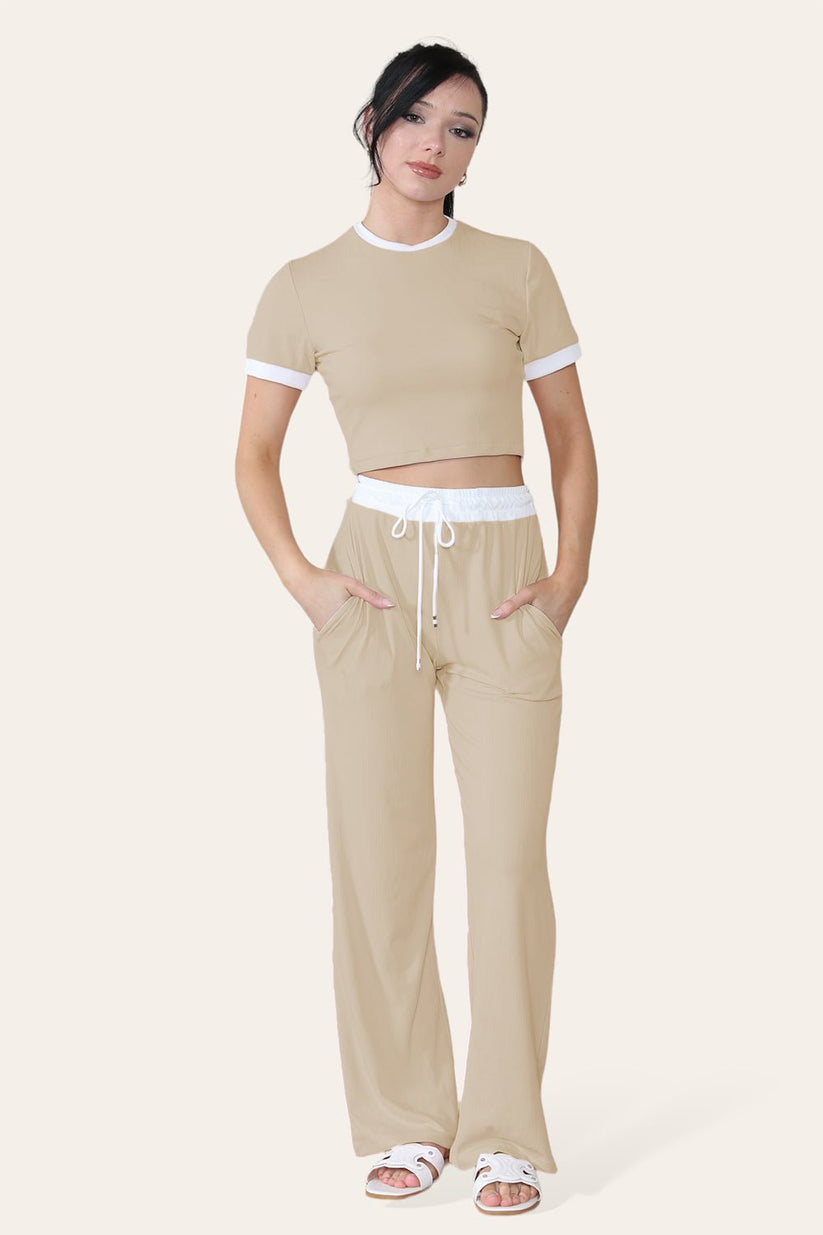 Women's Ribbed Wide Leg Loungewear Set with Contrast Flared Trousers and Cropped Top