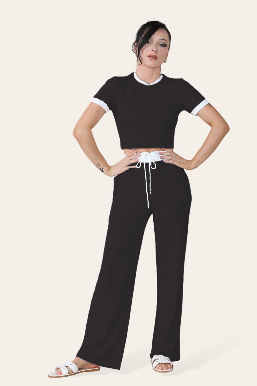 Women's Ribbed Wide Leg Loungewear Set with Contrast Flared Trousers and Cropped Top