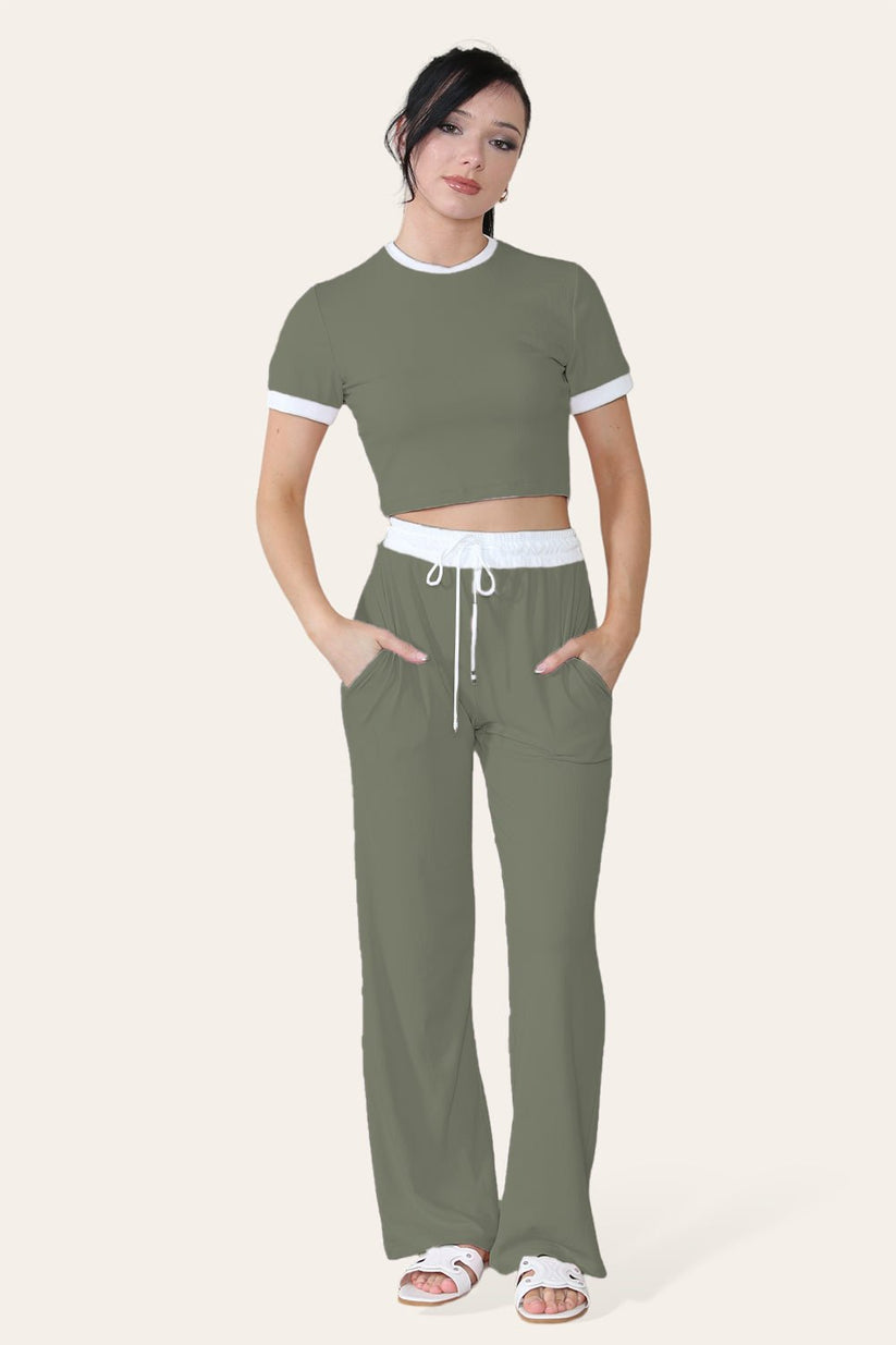 Women's Ribbed Wide Leg Loungewear Set with Contrast Flared Trousers and Cropped Top