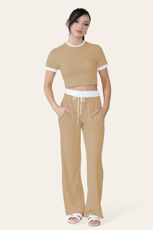 Women's Ribbed Wide Leg Loungewear Set with Contrast Flared Trousers and Cropped Top