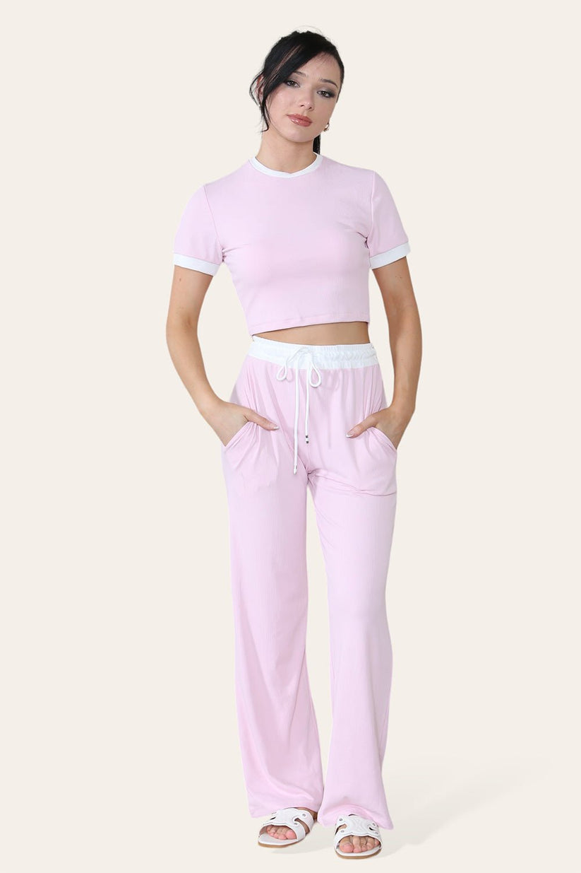 Women's Ribbed Wide Leg Loungewear Set with Contrast Flared Trousers and Cropped Top