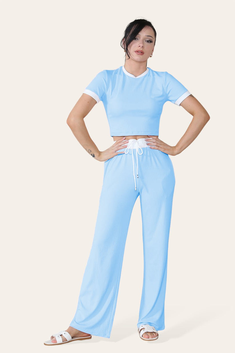 Women's Ribbed Wide Leg Loungewear Set with Contrast Flared Trousers and Cropped Top