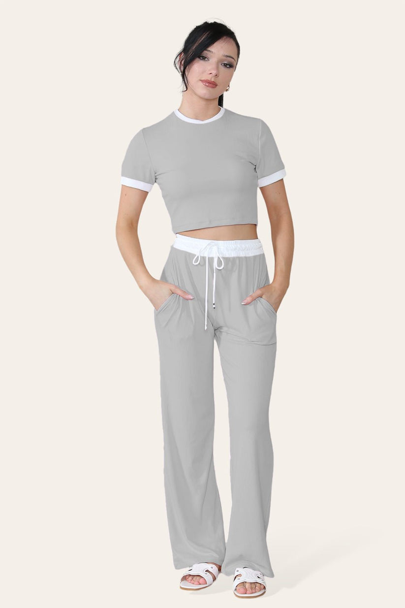 Women's Ribbed Wide Leg Loungewear Set with Contrast Flared Trousers and Cropped Top