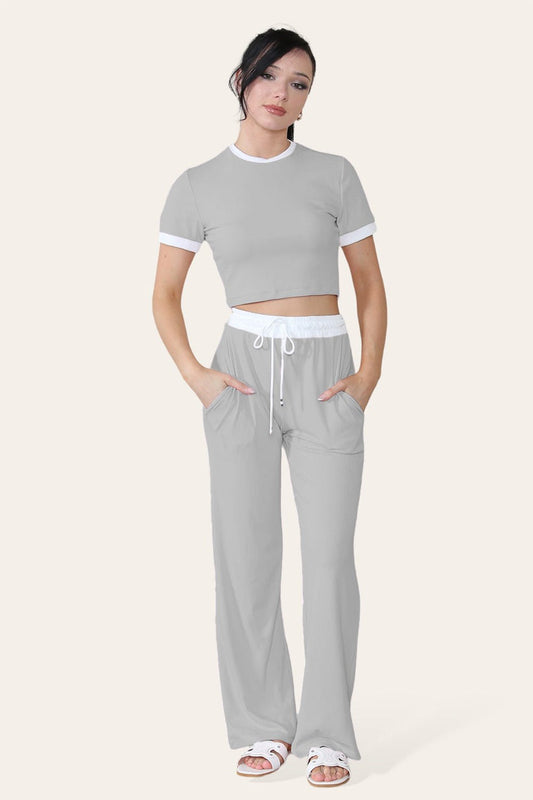 Women's Ribbed Wide Leg Loungewear Set with Contrast Flared Trousers and Cropped Top