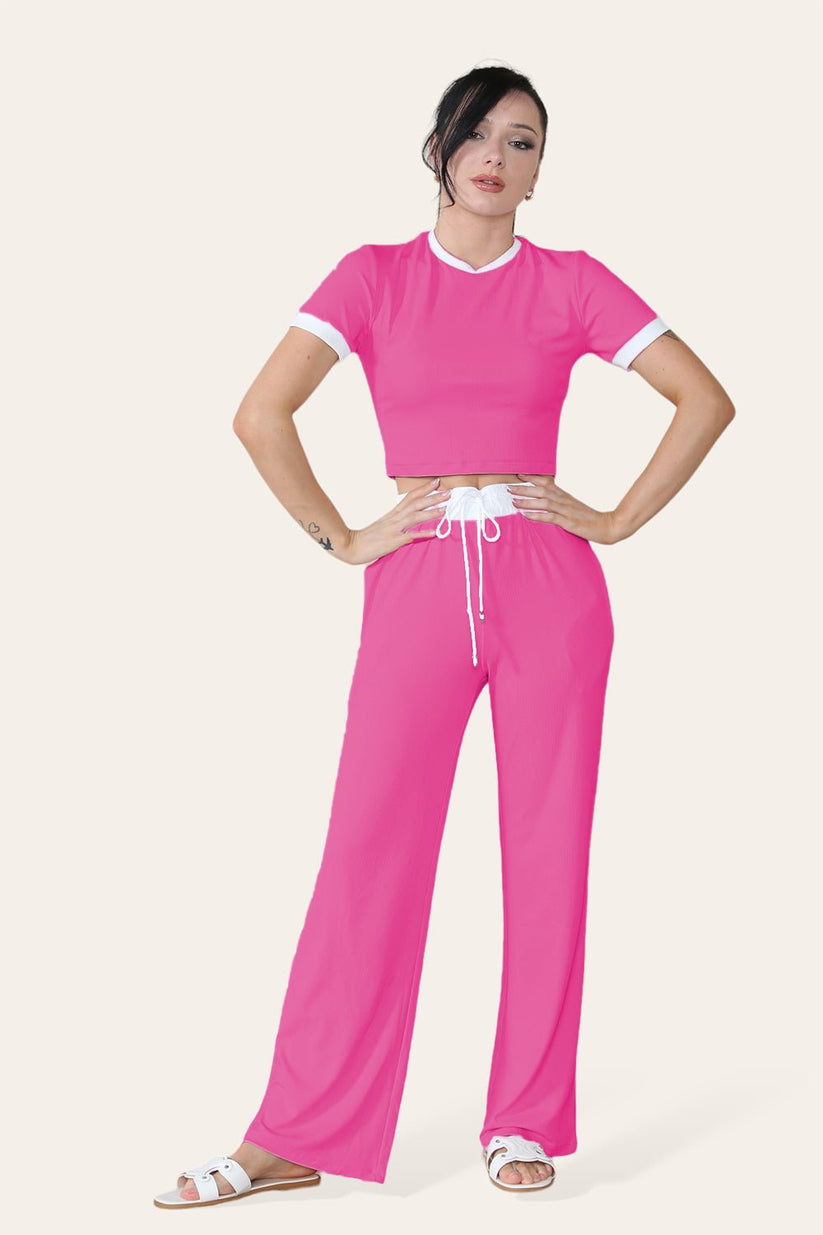 Women's Ribbed Wide Leg Loungewear Set with Contrast Flared Trousers and Cropped Top