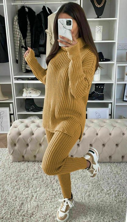 Ladies Chunky Knitted Loungewear Set with Ribbed Polo High Neck Top and Leggings