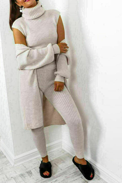 Ladies Knitted Tracksuit Set - 3 Piece Roll Neck Chunky Knitted Ribbed Lounge Set