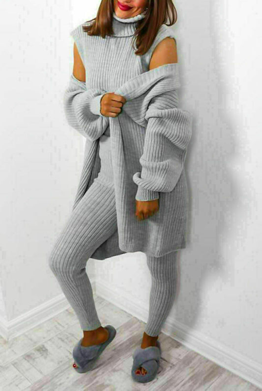 Ladies Knitted Tracksuit Set - 3 Piece Roll Neck Chunky Knitted Ribbed Lounge Set