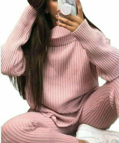 Ladies Knitted Loungewear Set - Chunky Ribbed Polo High Neck Top and Leggings Suit