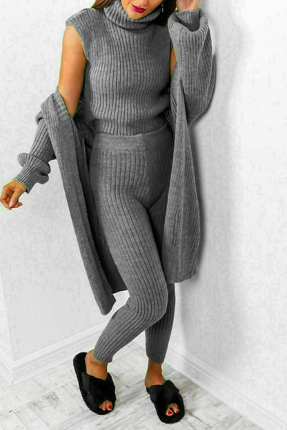 Ladies Knitted Tracksuit Set - 3 Piece Roll Neck Chunky Knitted Ribbed Lounge Set