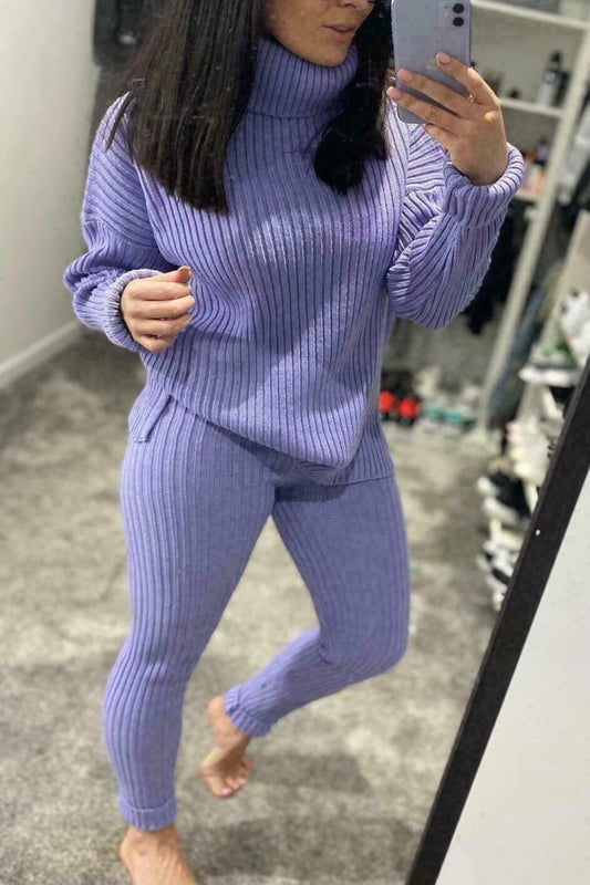 Ladies Chunky Knitted Loungewear Set with Ribbed Polo High Neck Top and Leggings