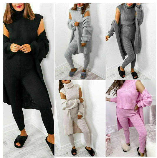 Ladies Knitted Tracksuit Set - 3 Piece Roll Neck Chunky Knitted Ribbed Lounge Set