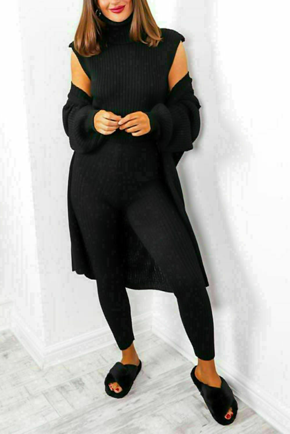 Ladies Knitted Tracksuit Set - 3 Piece Roll Neck Chunky Knitted Ribbed Lounge Set